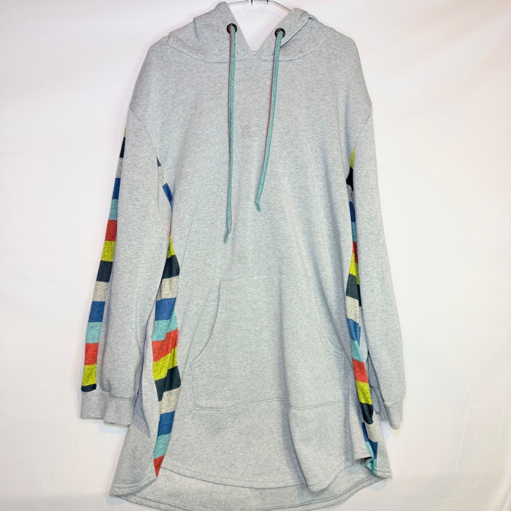 Z Avenue USA Womens 2XL Gray Rainbow Stripe Longline Tunic Hoodie Sweatshirt